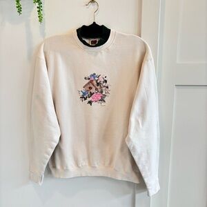 Grandma Sweater Faux Turtleneck Embroidered Bird House, Birds & Floral Design L